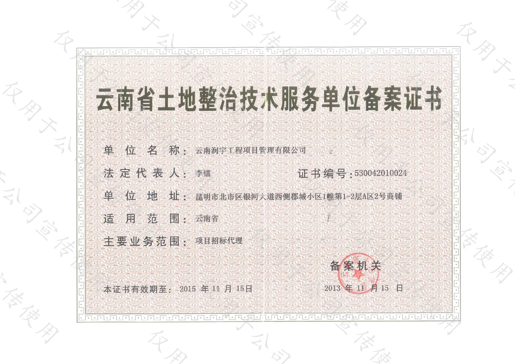 云南省土地整治技术服务单位备案证书